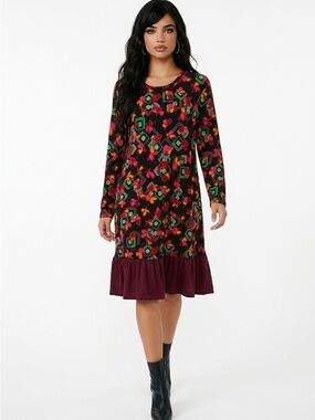 Long-Sleeve Floral Geometric Ruffle-Hem Dress in Burgundy